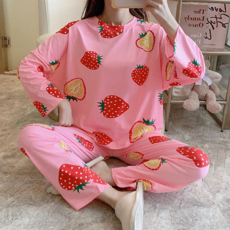 Ladies Casual Loose Cute Cotton Cartoon Print Long Sleeve 2-Piece Set
