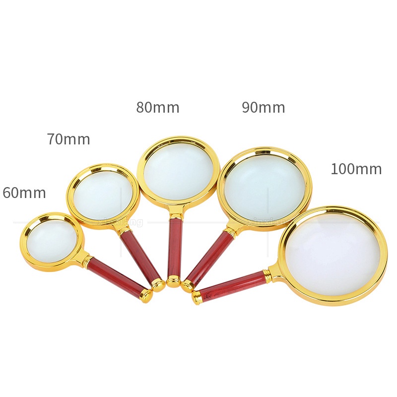 Kính Lúp Magnifier Cao cấp, tay cầm giả gỗ gụ tinh xảo mạ vàng, quà tặng cầm tay người già. Size tùy chọn 6,7,8,9,10 cm