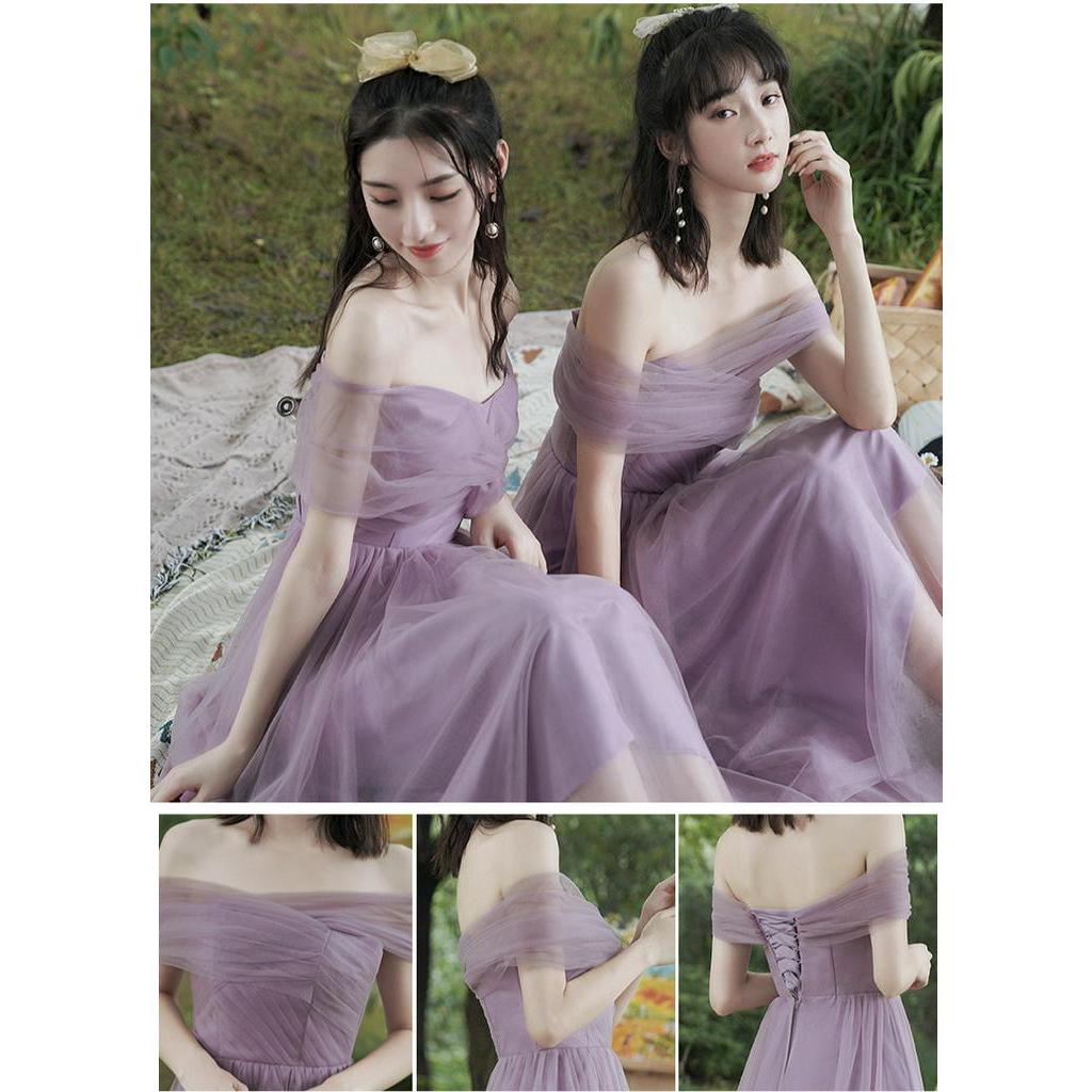 Đầm phù dâu trễ vai màu tím thời trang