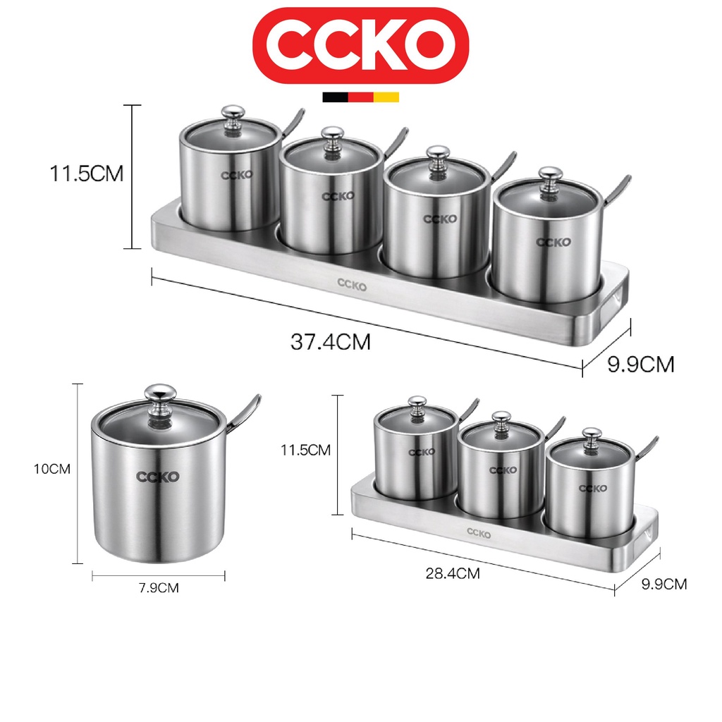 Bộ hũ gia vị inox 304 nắp thủy tinh kèm khay - Gia dụng Đức cao cấp CCKO - CK9982