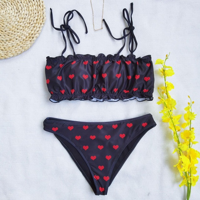 [BKN735] &lt;ÂU&gt; SET BIKINI ĐEN TIM NHÍ NƠ VAI
