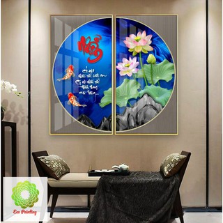 Đôi tranh thư pháp kết hợp hoa tết, Tranh treo tường [Eco_Painting], chất lượng mang thương hiệu