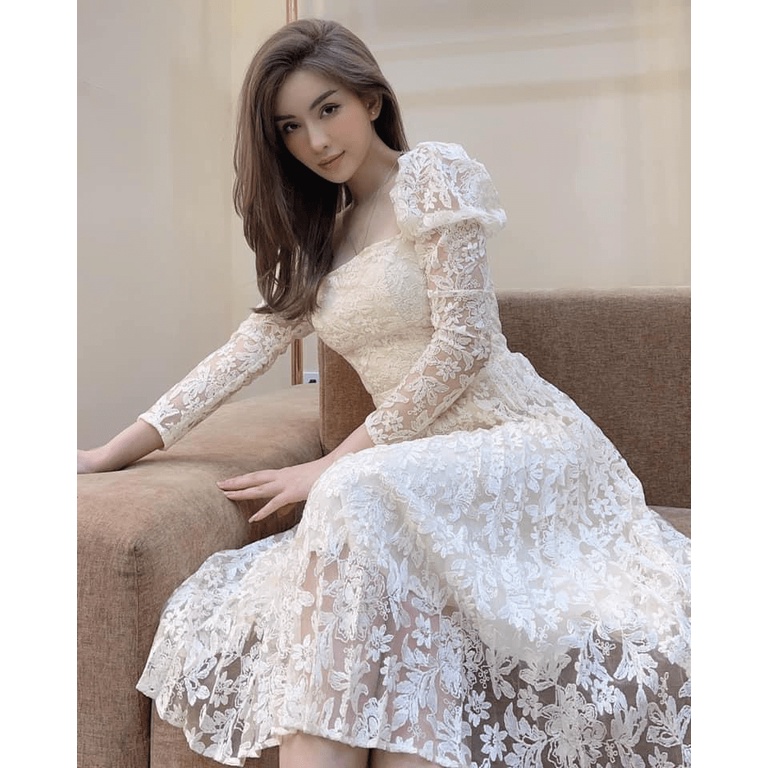 (Mẫu Mới) Mẫu HOT Đầm Ren Tay Dài Có Đính Bông Mặc Đi Tiệc Đi Chơi Siêu Bắt Mắt UP h.h.p