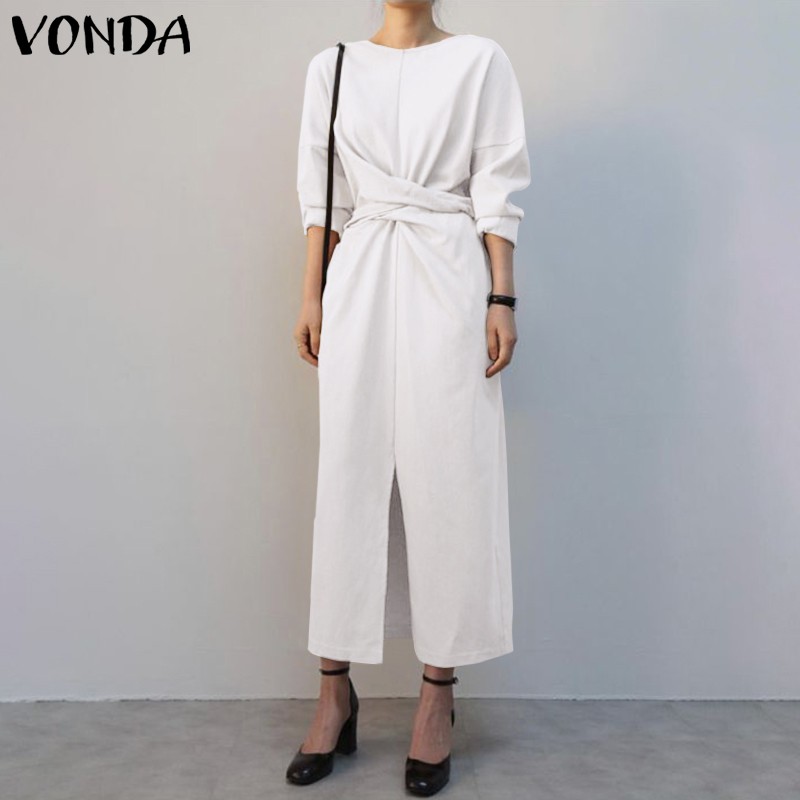 VONDA Women Long Sleeve Front Slit Belted Elegant Casual Long Dress | BigBuy360 - bigbuy360.vn