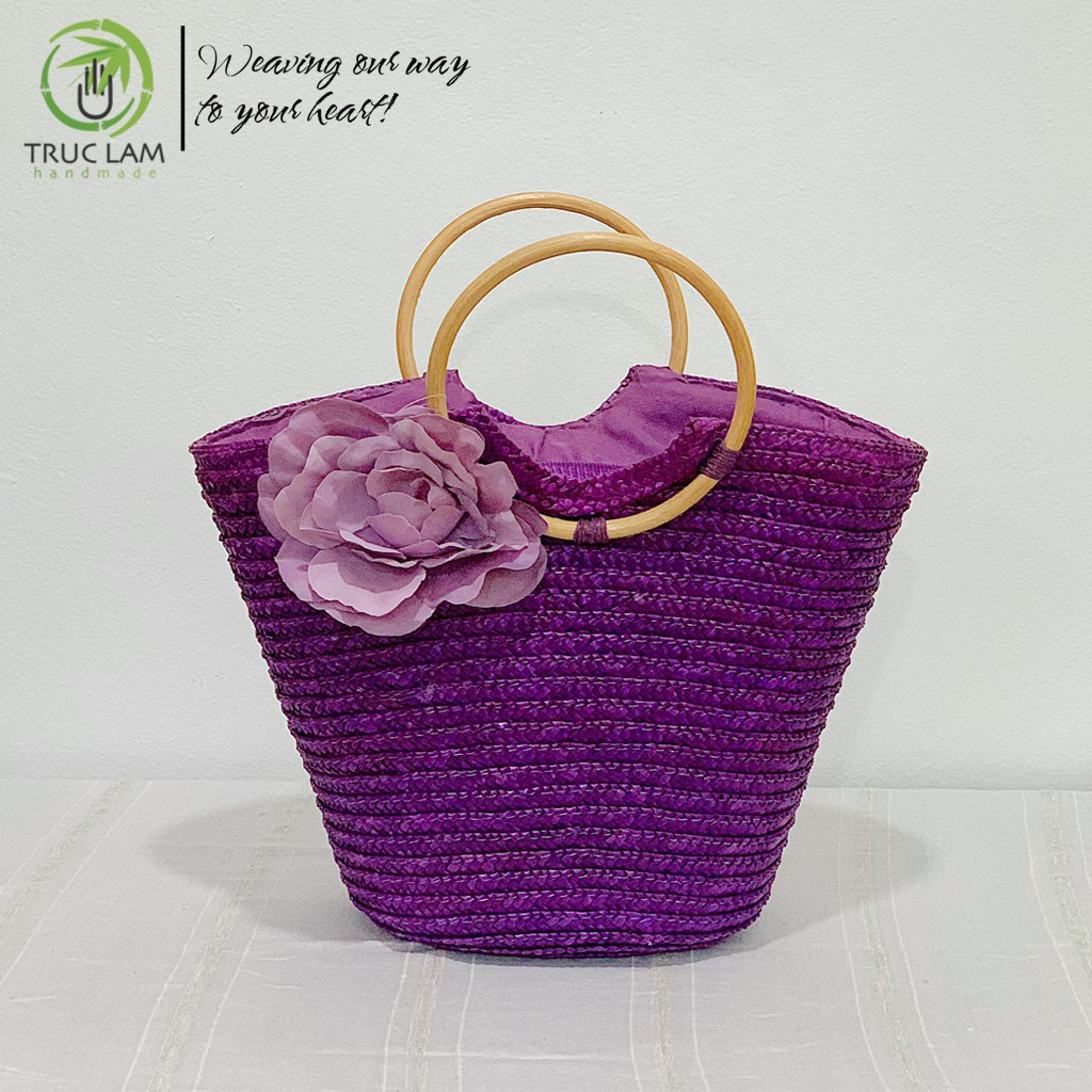 Làn Cói Xách Tay Thời Trang Nữ Quai Mây Tròn Gắn Hoa Lụa – Trúc Lâm Handmade