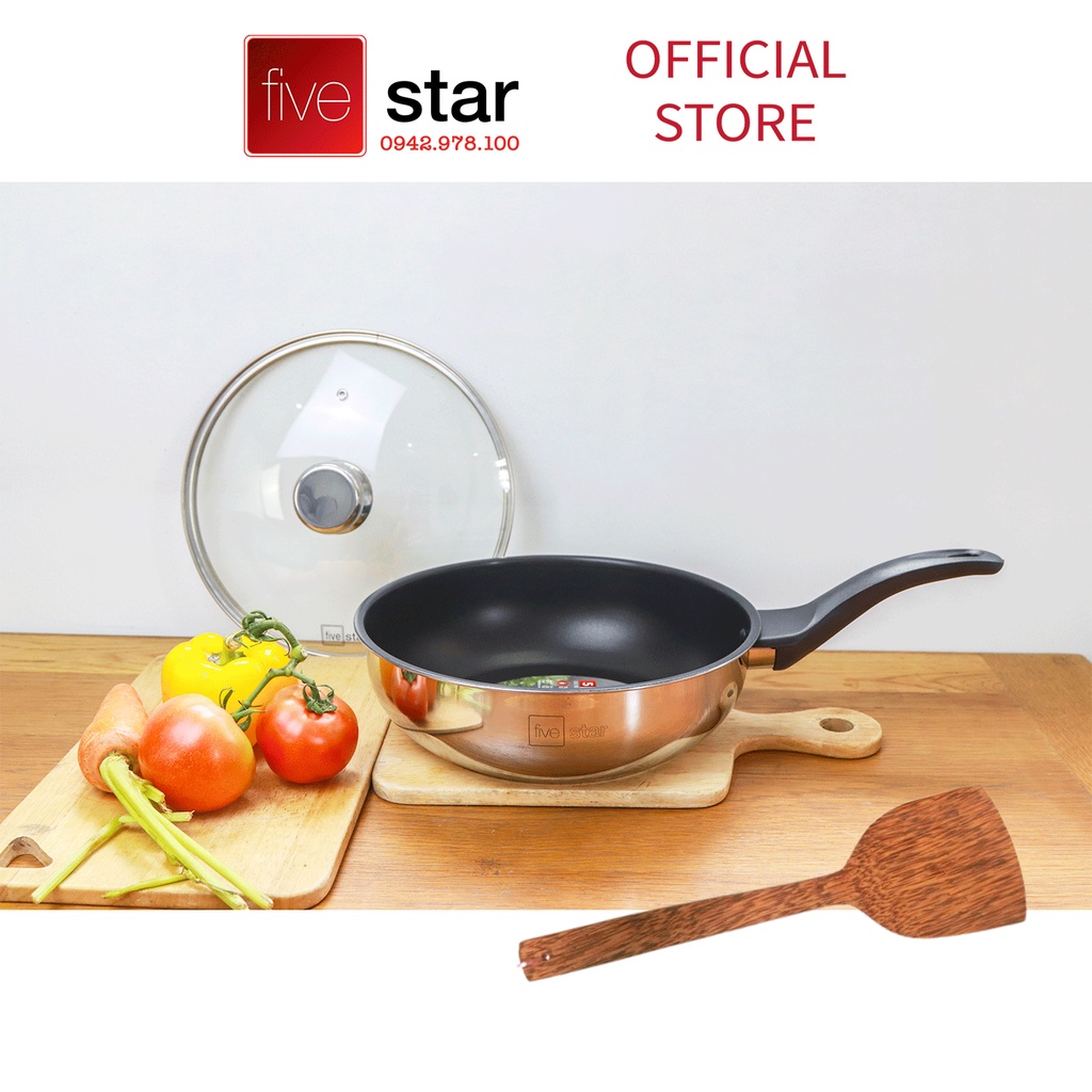 Chảo đáy từ chống dính sâu lòng cao cấp Fivestar 24cm , 26cm nắp kính , tặng 1 sạn dừa