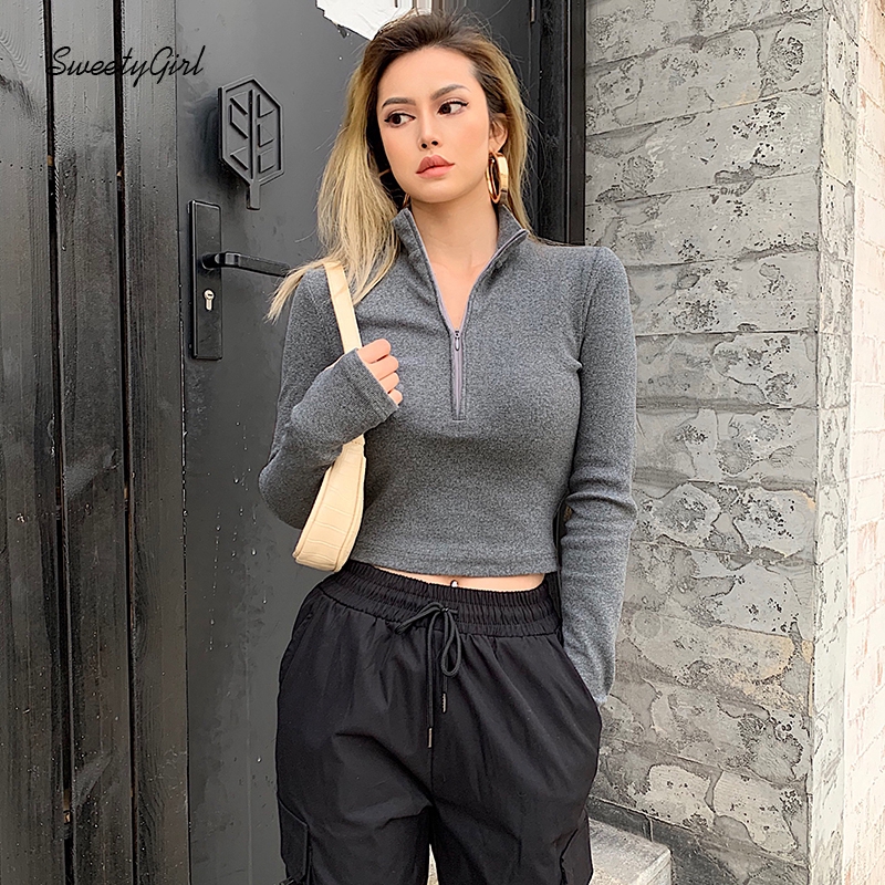 SweetyGirl Women Polo Shirt Fashion Solid Color High Collar Zippered Long Sleeves Slim Fit Casual All Match Tops | BigBuy360 - bigbuy360.vn