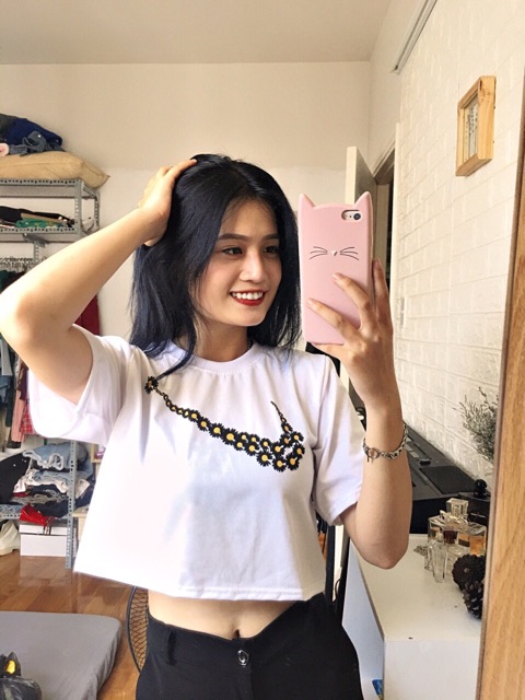 Áo Croptop Mặt Trăng Hoa Cúc Form Rộng Ảnh Thật