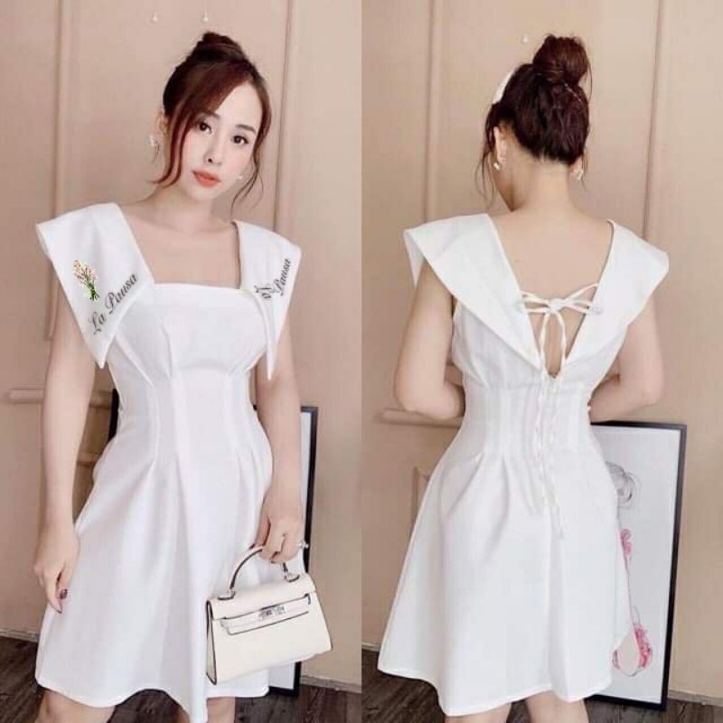 Đầm dự tiệc trắng, đầm váy cổ vuông cổ bẻ, đầm cua lại vợ bầu, đầm thêu hoa