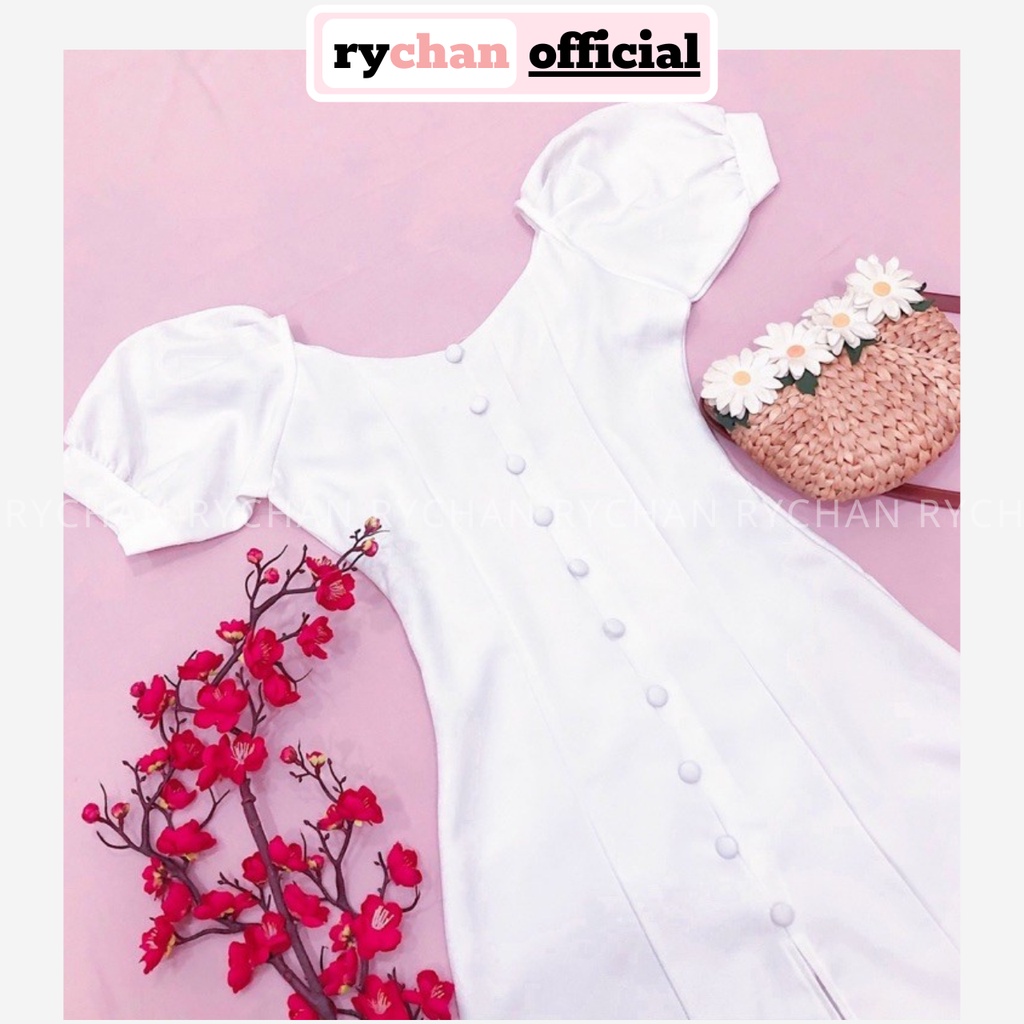 Đầm Xoè Nút Bọc Phối Tay Phồng 2 Màu Trắng Đỏ [ẢNH THẬT CUỐI] - DX681
