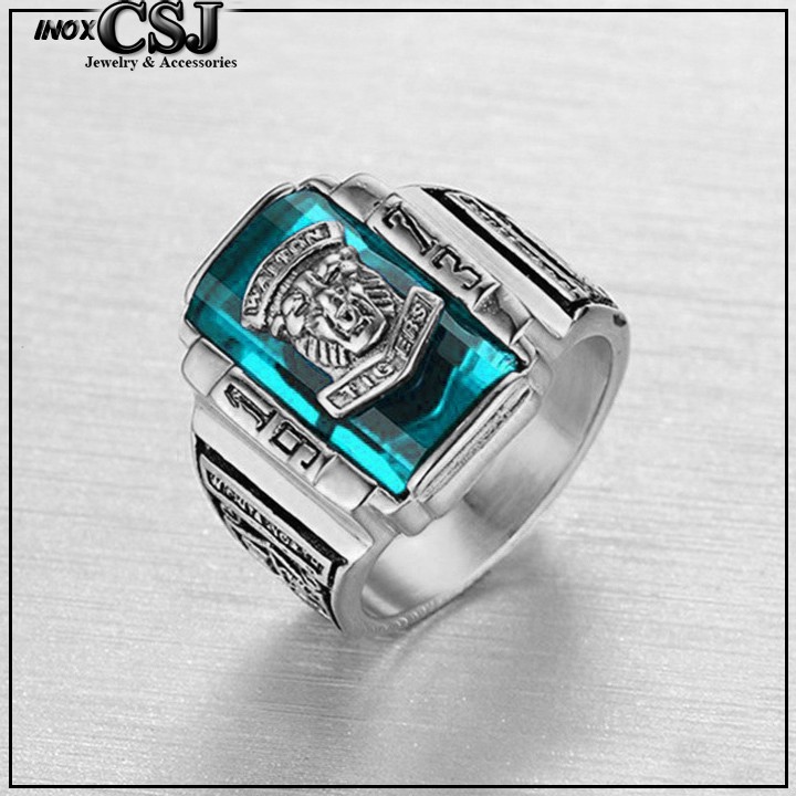 NHẪN NAM INOX SƯ TỬ 1973 ĐÁ XANH NƯỚC BIỂN siêu đẹp - tặng hộp đựng nhẫn xinh xắn