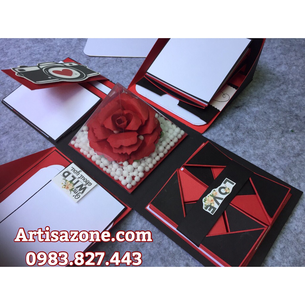 Love box tông màu đỏ đen - Scrapbook, album dán ảnh kiểu hộp (kích thước: 10cm x 10cm)