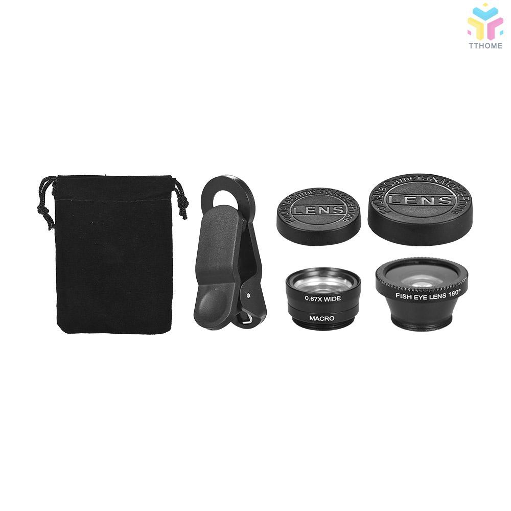 T&T Universal Clip Lens Kit 180° Mobile Phone Fisheye Lens 0.67× Wide Angle Lens Macro Lens 3 in 1 with Clip for iPhone