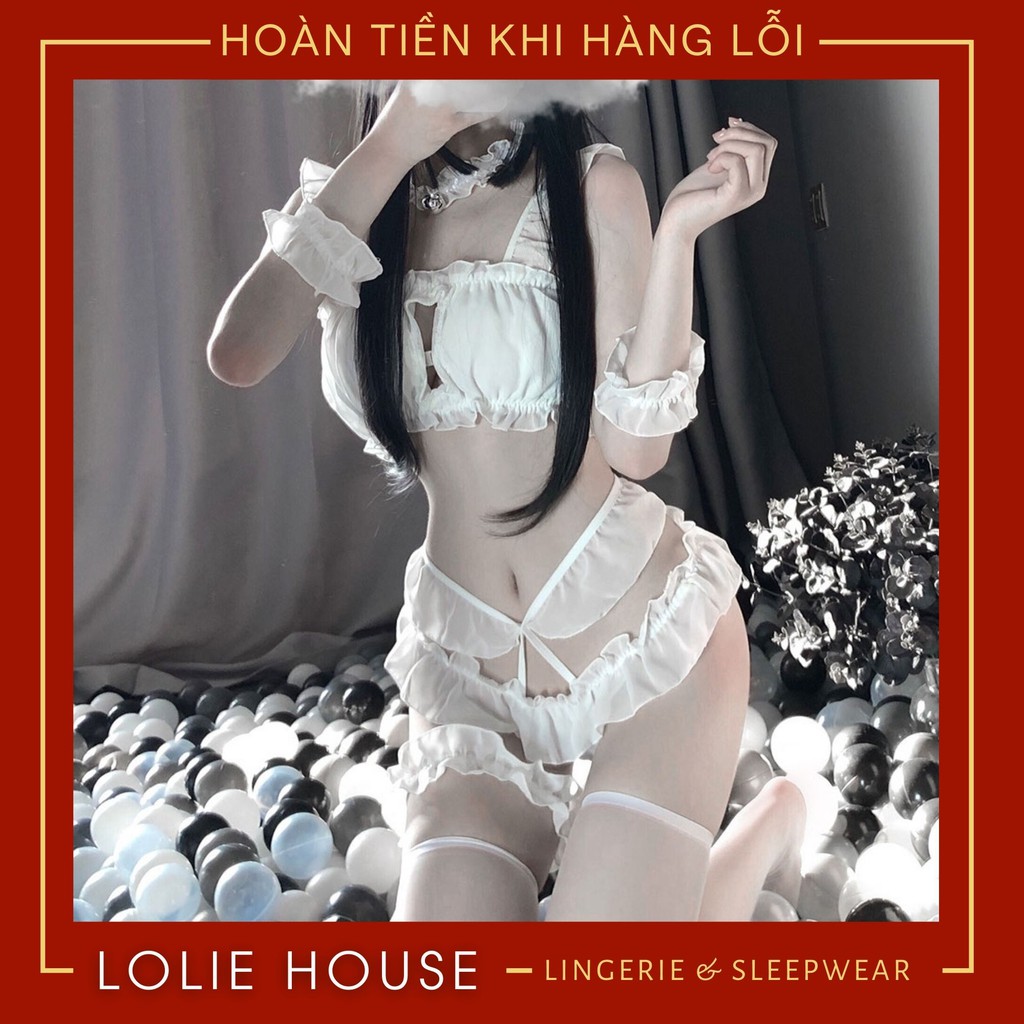 Bộ đồ ngủ Cosplay Trái Tim Đính Chuông - Set nội y hầu gái mèo con gợi cảm LOLIE HOUSE - SS4