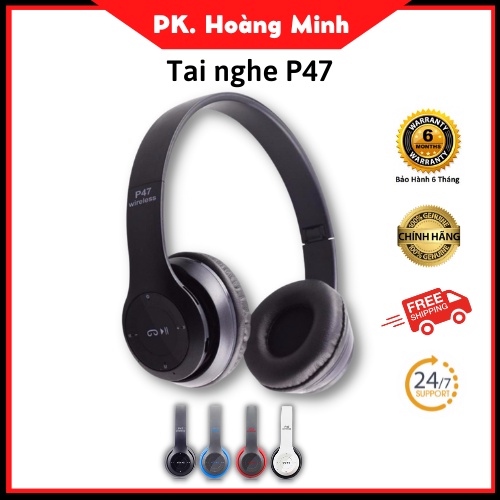 Tai nghe chụp tai kết nối Bluetooth không dây P47. Có khe cắm thẻ nhớ. Có Mic đàm thoại. Bảo hành 3 tháng 1 đổi 1