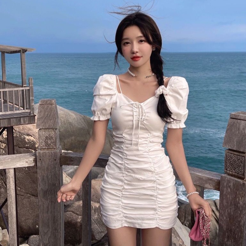 Brroa Đầm Ngắn Mini Ôm Dáng Tay Phồng Cổ Vuông Có Gân Co Giãn Dành Cho Nữ Dự Tiệc