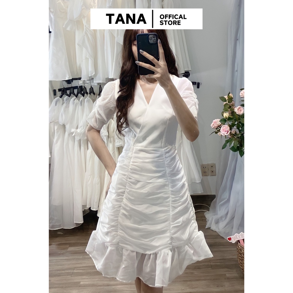 Váy đi tiệc váy cổ tim nhún thân có 2 màu Trắng và Đen TANA D0130