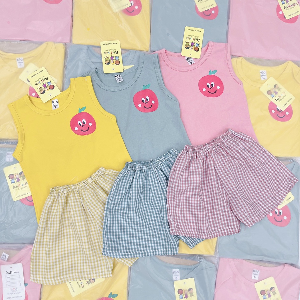 Bộ Ba Lỗ Bé Trai, Bé Gái Vải Thun Cotton In Hình Quả Phối Quần Kẻ Caro , Đồ Bộ 3 Lỗ Cho Bé Mặc Hè - AN.KID