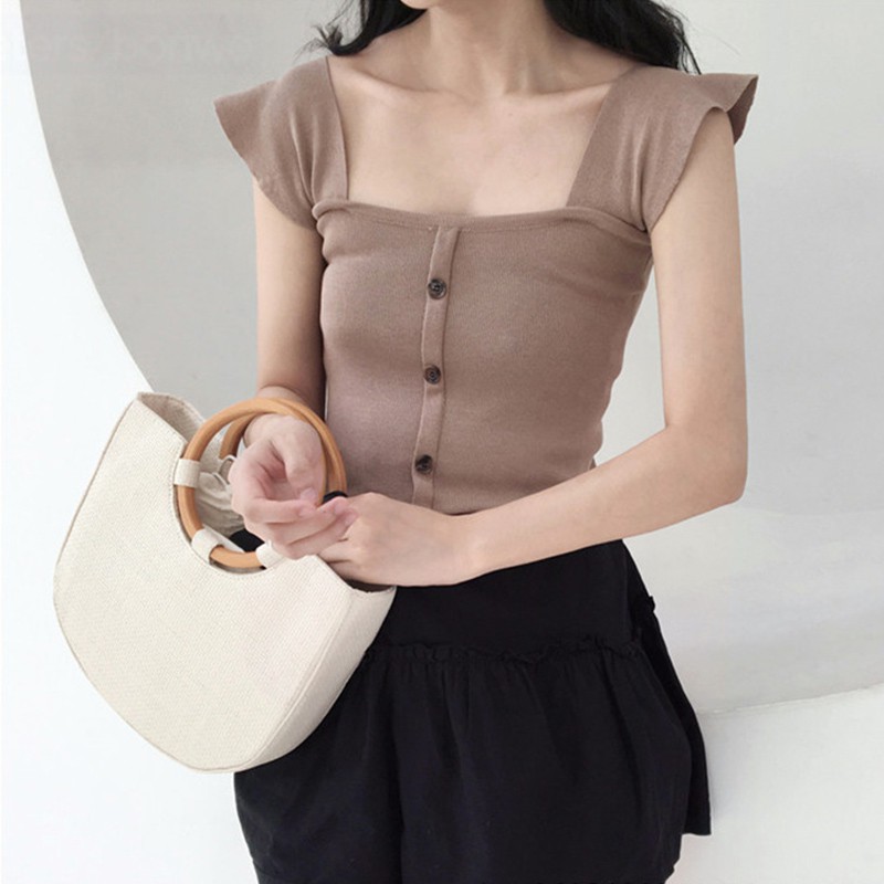 Áo kiểu cổ vuông màu trơn trang trí nút điệu đà cho nữ