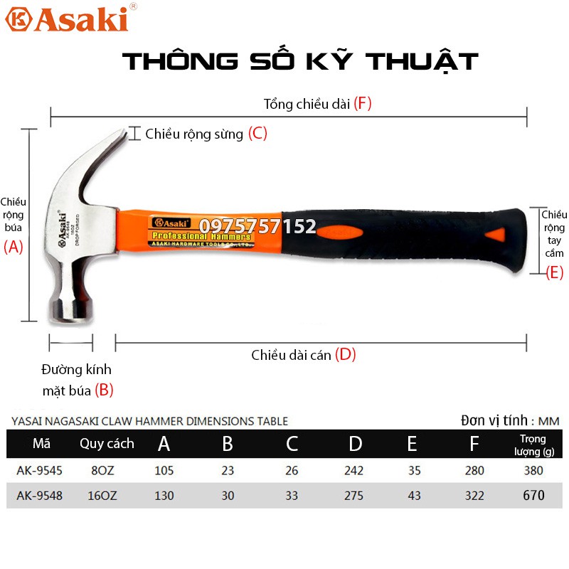 Búa nhổ đinh, búa đóng đinh đa năng Asaki AK-9548 16oz/ 670g, thép Carbon siêu cứng, tay nhựa TPR trợ lực độ ổn định cao