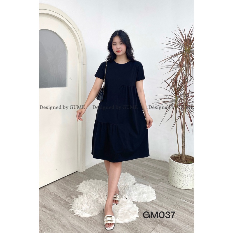 Váy bầu đẹp cotton dày dặn, nhún lệch tầng trẻ trung, co giãn thoải mái tới khi sinh GuMe GM037