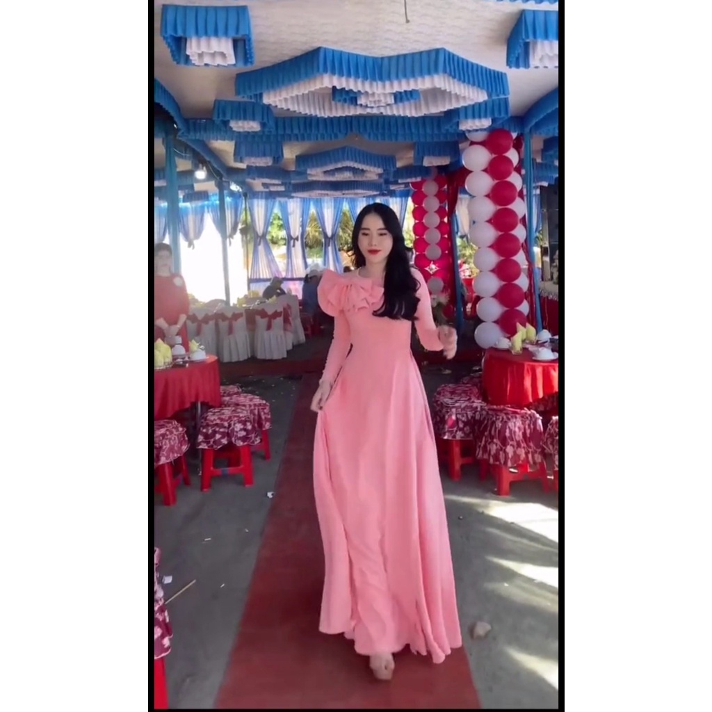 Đủ màu Áo dài màu hồng tay bồng đính nơ tạo điểm nhấn nổi bật - Áo Dài Đan Linh