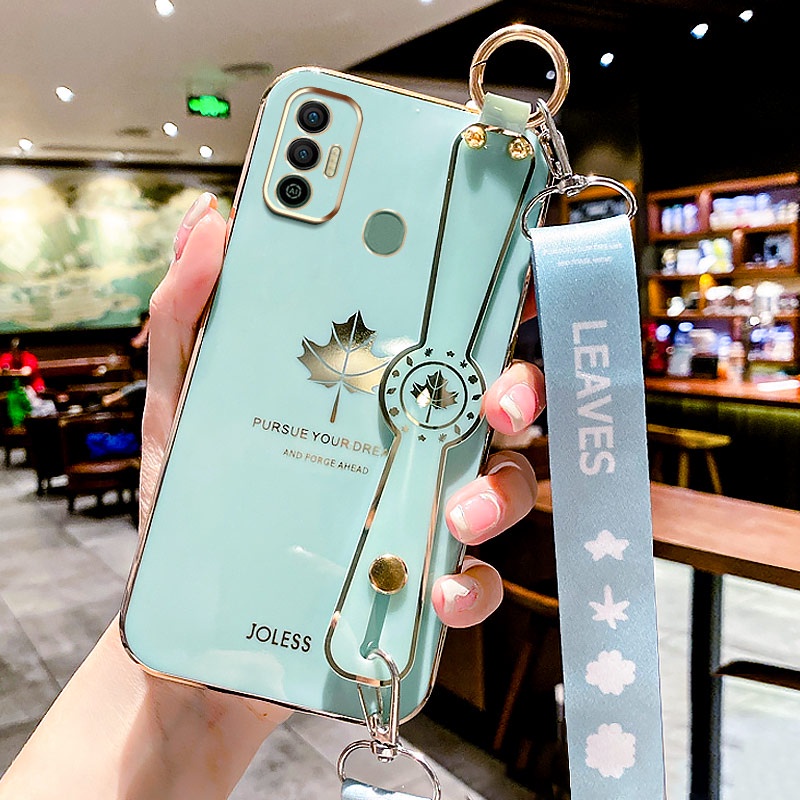Ốp Điện Thoại Silicon gel Mềm Mạ Điện Chống Sốc Hình Lá Phong Có Dây Đeo Cho TECNO SPARK 7 7