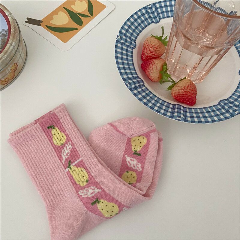 Vớ Cotton Cổ Vừa In Họa Tiết Trái Đào Dễ Thương Phong Cách Hàn Quốc Cho Nữ