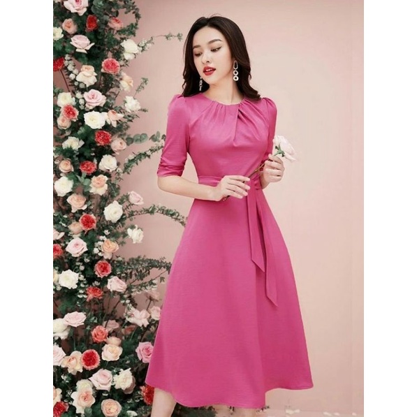 Thiết kế - Đầm dáng xòe cổ xếp li thắt nơ eo, váy lụa xòe thanh lịch cổ tròn cách điệu