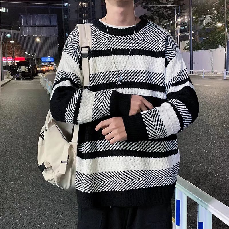 Áo sweater dệt kim dáng rộng tay dài kẻ sọc thời trang thu đông phong cách Nhật Bản cho nam size M-2XL