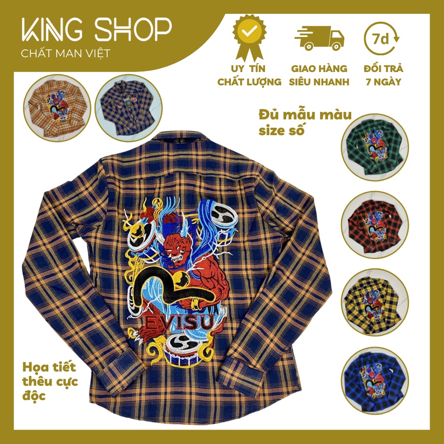 Áo Sơ Mi Nam Dài Tay Kẻ Caro Thêu Họa Tiết EVISU Bản Cao Cấp Chất Đẹp