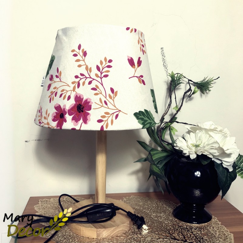 Đèn ngủ Mary Decor, đèn bàn trang trí chân gỗ tự nhiên, chao vải canvas vintage - HOA HỒNG -DB-P10