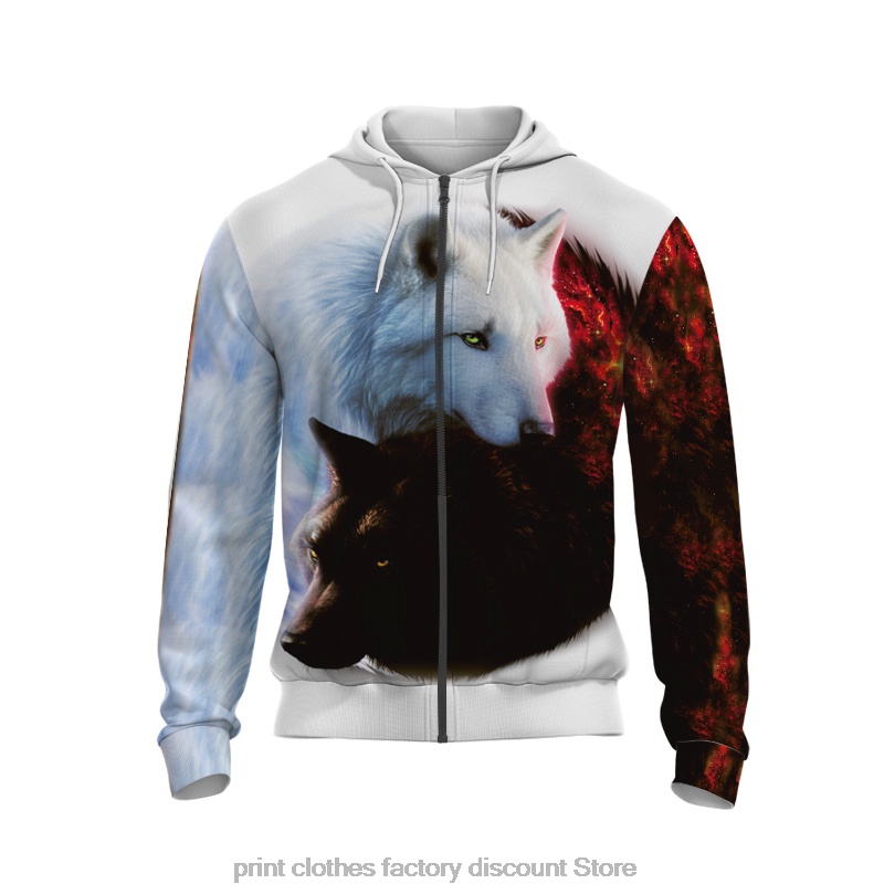 Áo Khoác Hoodie Tay Dài Có Khóa Kéo In Hình Sói 3D Phong Cách Harajuku Cho Nam