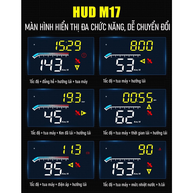 MÀN HÌNH HIỂN THỊ HẮT KÍNH LÁI HUD - M17 BẢO HÀNH 12 THÁNG, TÍCH HỢP VỚI MỌI LOẠI XE
