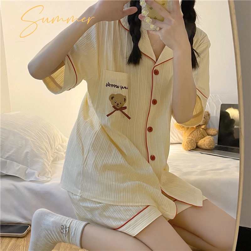 Bộ Đồ Ngủ Ngắn Tay In Họa Tiết Đơn Giản Thời Trang Hàn Quốc