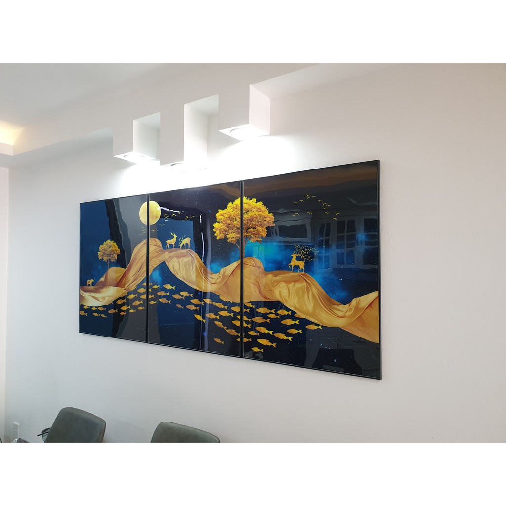 Tranh treo tường tráng gương cao cấp bộ 3 tranh decor hươu vàng phòng khách- GD38
