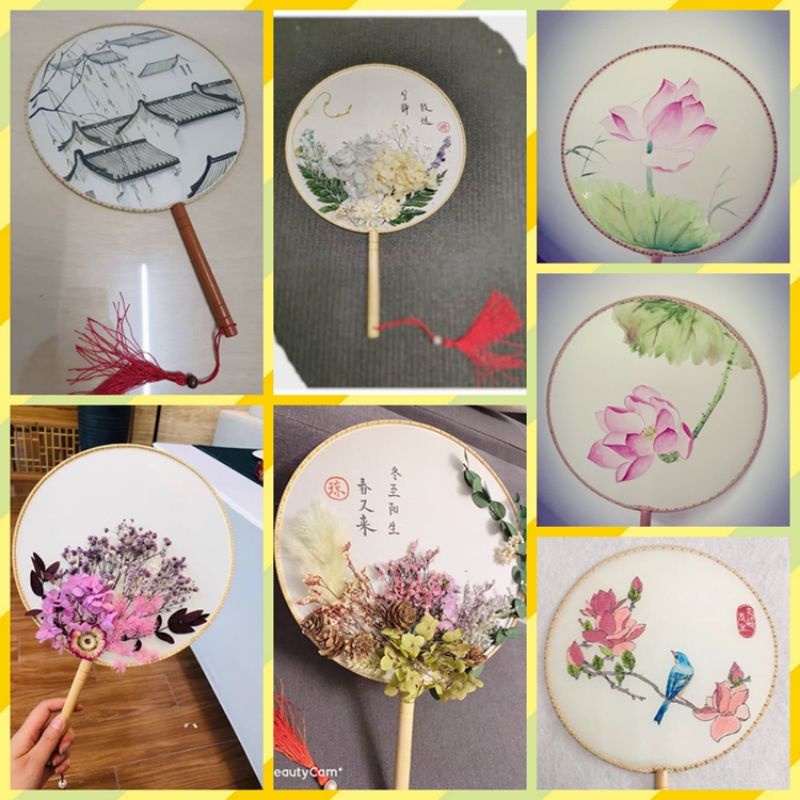 Quạt tròn trơn cổ trang cầm tay có thể dùng để vẽ đính và thêu thêm hoạ tiết