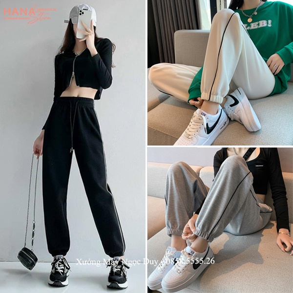 Quần Jogger nữ bo gấu vải tổ ong dây rút đi học tập gym quần jogger thể thao bo ống rộng viền kẻ sọc đen trắng cạp chun