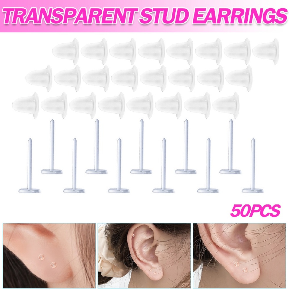 50x Clear Plastic Stem Anti-Allergy Ear Stud Replacement Earring Stoppers