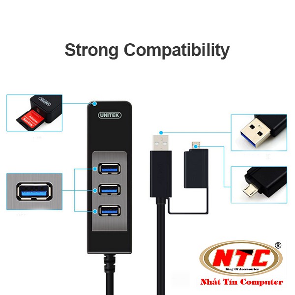 HUB 3 cổng USB 3.0 kèm chức năng OTG cổng microUSB và khe đọc thẻ nhớ SD Unitek Y-3048A