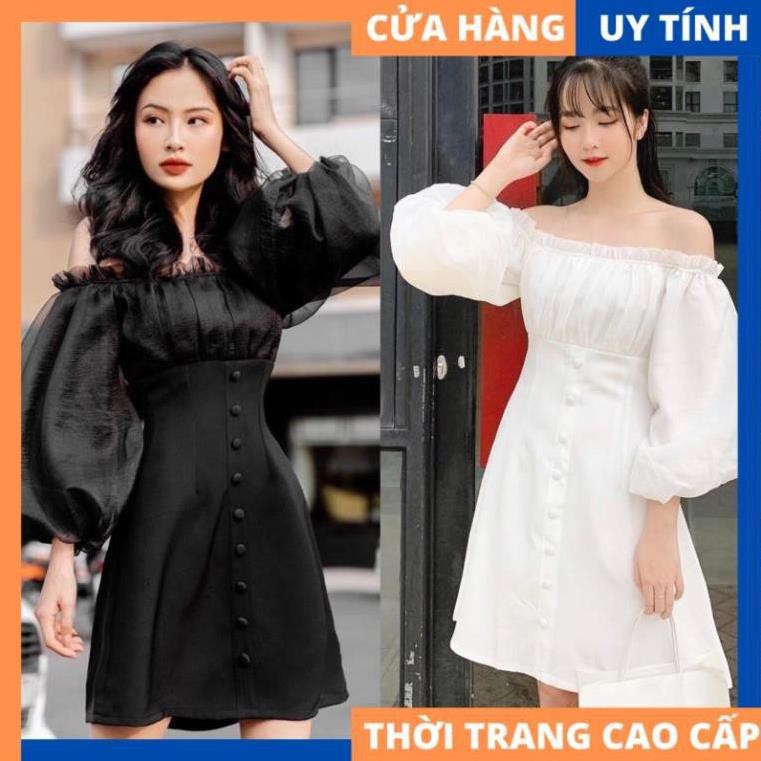 Đầm trễ vai cúc bọc cao cấp - Váy trắng quảng châu siêu xinh Venus Shop ‣