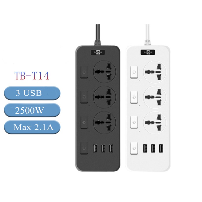 Ổ cắm điện đa năng cổng USB ổ cắm thông minh an toàn chống quá tải dây 1.8m công suất 250W T14 DL TECH