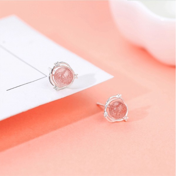 Đôi Khuyên Tai Hình Trái Dâu Tây Bằng Đá Thạch Anh Cao Cấp 925 Dành Cho Nữ