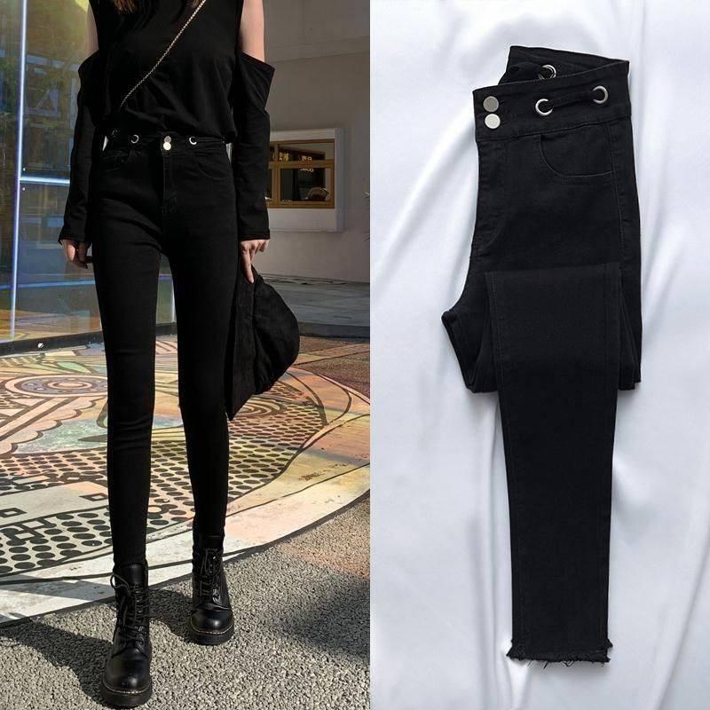 Quần skinny jean màu đen lưng cao co giãn thời trang xuân hè cho nữ