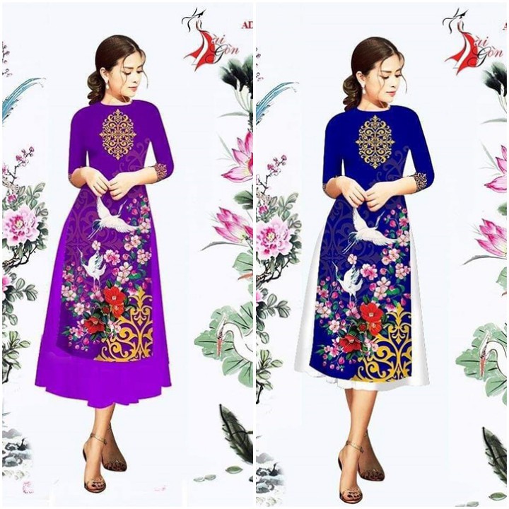 AD1286 Có size 2XL Áo Dài Cách Tân cổ tròn in họa tiết hoa và chim cò mùa xuân kèm váy