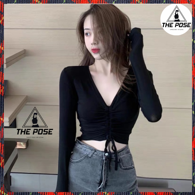 Áo Croptop Nữ Tay Dài Rút Ngực Hot trend cổ V 2 Màu Trắng Đen Cơ Bản THE POSE