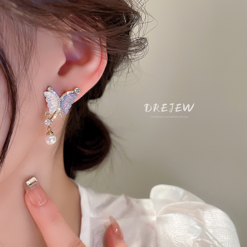 DREJEW Bông Tai Bạc Hình Bướm Đính Ngọc Trai Sang Trọng Thời Trang Phong Cách Pháp 1