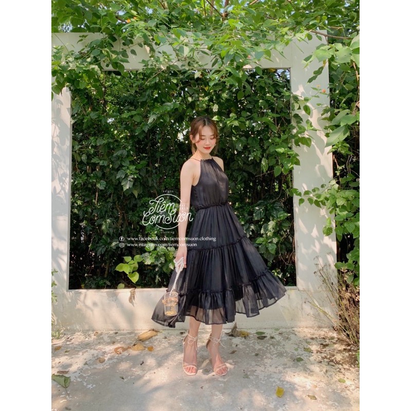 Đầm tơ voan cao cấp, cổ yếm dáng xoè bồng bềnh - Sakura Dress - TẶNG KÈM HOA TRÀ CÀI ÁO