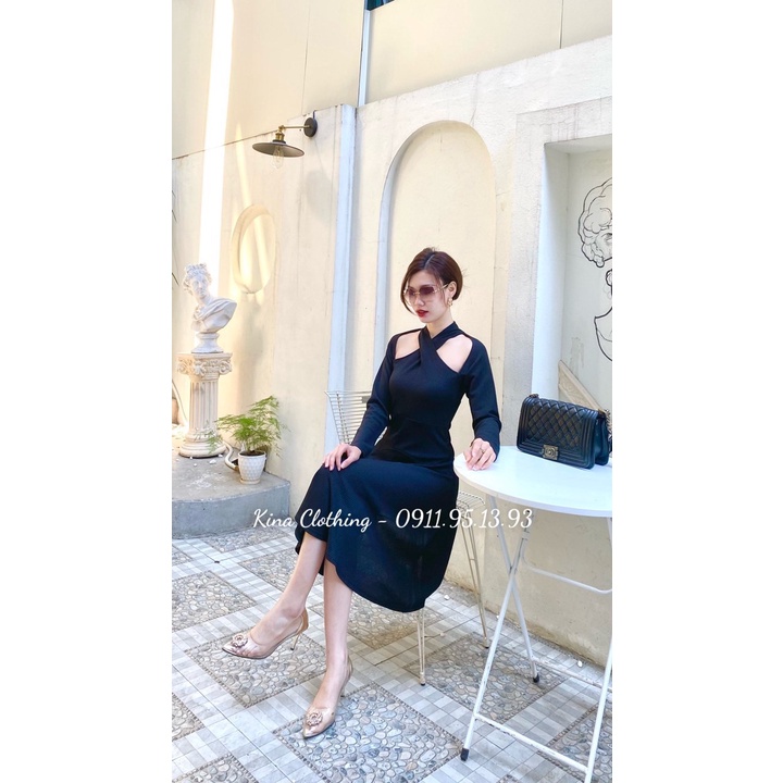 Đầm nữ dáng xòe dài len tăm cổ chéo đen nữ tính D09