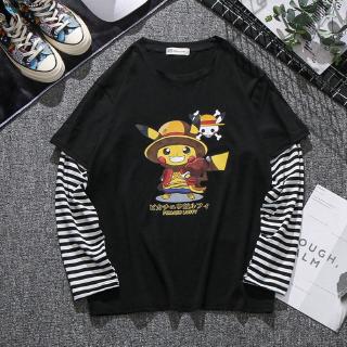 Áo thun giả 2 mảnh cổ tròn dài tay in hình Pikachu 2 màu trắng đen thời trang cho nam nữ